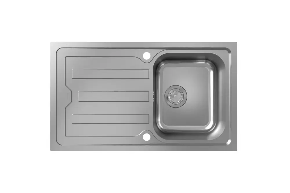Edelstahlspüle von Hansgrohe mit einer abgeräumten Fläche auf der linken Seite und einem automatischen Ablauf. Die Spüle verfügt über einen einzelnen Beckenbereich.